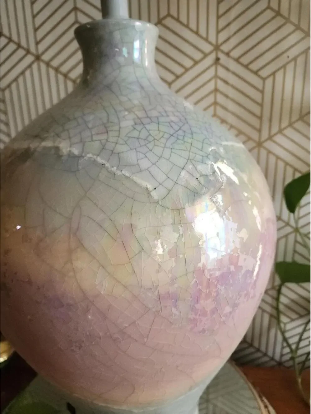 1980s Raku Glazed Ceramic Rainbow 3 way Table Lamp Made by Sunset Lamp Company